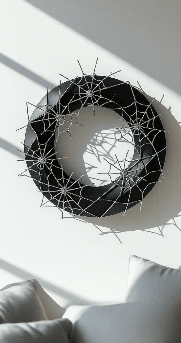 Modern minimalist Halloween wreath featuring a sleek matte black base with geometric metallic silver accents and abstract spider web elements in transparent glass and silver wire, displayed on a contemporary white wall with clean architectural lines and precise studio lighting.