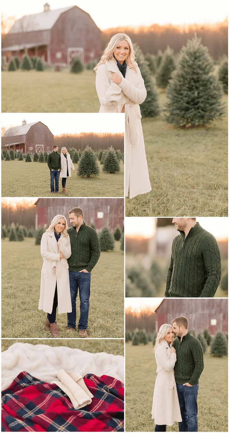 A couple enjoys a romantic winter engagement session at Devine Acres Farm, with the woman in a long cream wool coat and the man in a forest green cable knit sweater, set against rustic barns and Christmas tree rows, bathed in golden hour light. A vintage plaid blanket adds warmth, accentuated by soft burgundy and navy colors, capturing their intimate connection amid the expansive farm landscape.