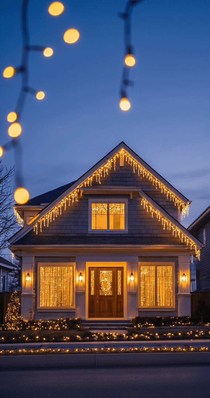 Ultra-wide shot of a modern suburban home at twilight, illuminated by warm golden hour light, featuring vintage C9 LED lights and icicle decorations, set against a deep navy sky with a soft bokeh background.