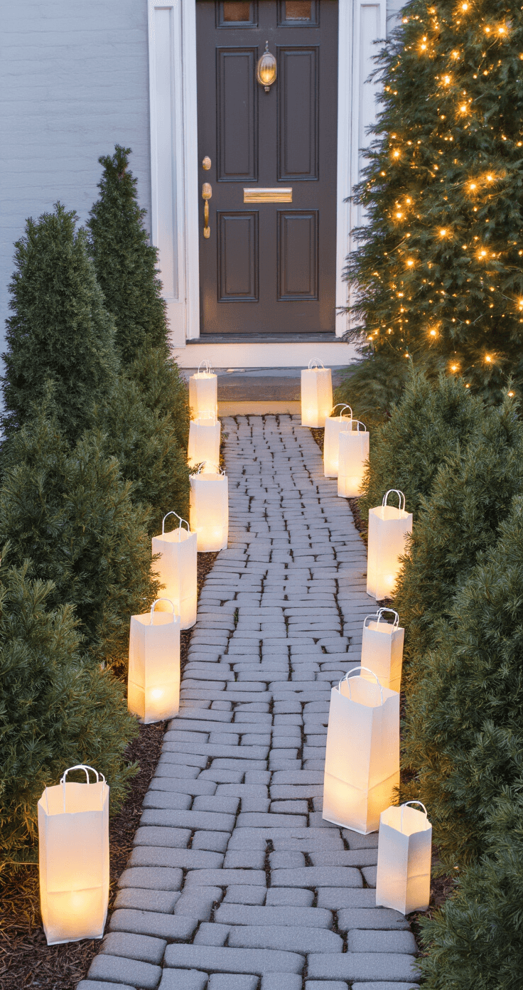 Overhead view of an artfully arranged pathway lined with C9 lights and softly glowing luminaria bags, leading to a front door, surrounded by evergreen shrubs subtly lit with mini LED lights, evoking a magical winter atmosphere.