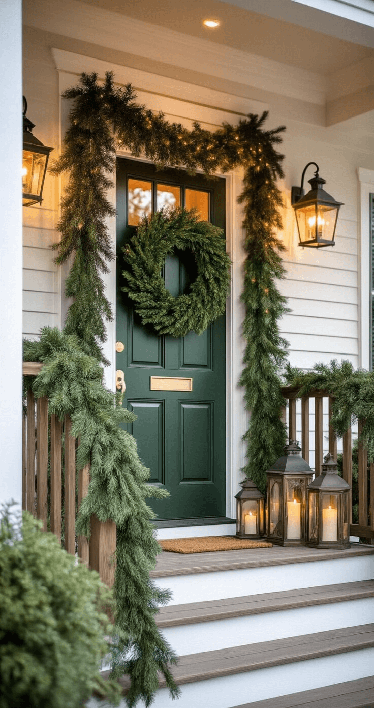 Close-up of a traditional 24-inch wreath on a deep forest green door, with natural evergreen garland on wooden railings and vintage lanterns on steps, illuminated by soft warm lighting, showcasing rich textures and layering.