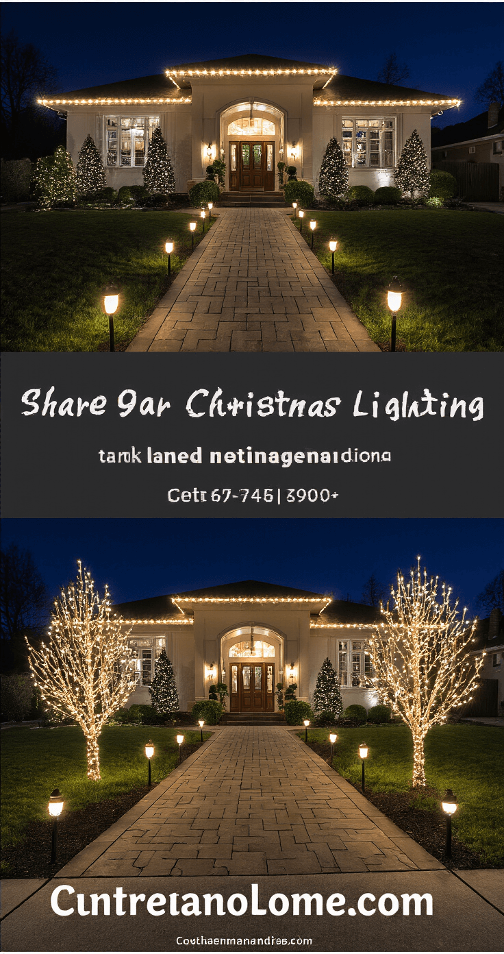 Panoramic view of a beautifully decorated home at night with C9 bulb outlines along the roofline, illuminated pathway lights, glowing trees and bushes, and vibrant light show trees flanking the driveway, all captured from street level.