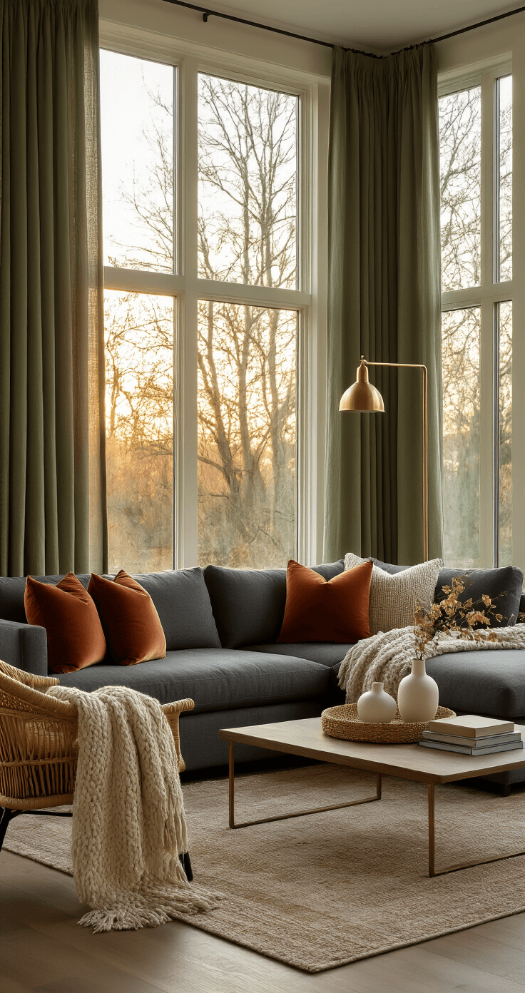 A sophisticated living room bathed in golden hour light, featuring floor-to-ceiling windows, a charcoal grey sectional sofa with terracotta and cream throw pillows, a brass floor lamp, a rattan reading chair with an oatmeal throw, hardwood floors, and a low modern coffee table styled with white ceramic vases and art books.