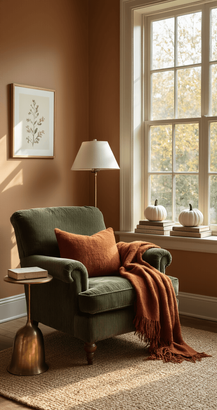 An intimate reading nook featuring a moss green corduroy armchair on a jute rug, illuminated by morning light through a bay window. A vintage brass side table holds a modern ceramic lamp, while a rust-toned wool throw drapes over the chair. Nearby, a small wooden bookshelf showcases curated books and minimalist botanical art, against a backdrop of warm caramel walls.