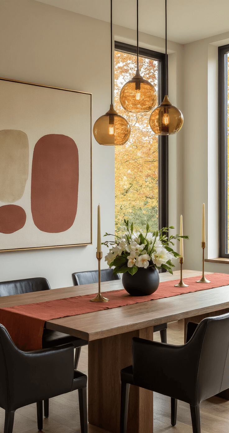 A sophisticated dining space featuring a long walnut table with deep terracotta linen runners, brass candlesticks, and a low orchid centerpiece in a matte black vase, set against a cream wall with large earth-toned abstract art. The black leather chairs have subtle brass details, illuminated by warm amber pendant lights, with a backdrop of autumn trees visible through a large window.