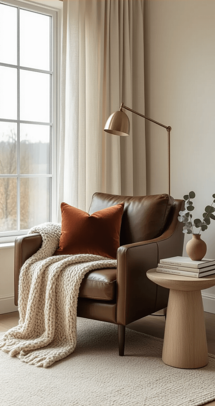 A cozy bedroom reading corner featuring a modern chocolate brown leather armchair with a chunky knit oatmeal throw and a deep terracotta velvet pillow, next to large windows with sheer linen curtains. A slim brass floor lamp adds elegance, while a natural wood side table displays design books and a small ceramic vase with dried eucalyptus, all against soft cream walls.