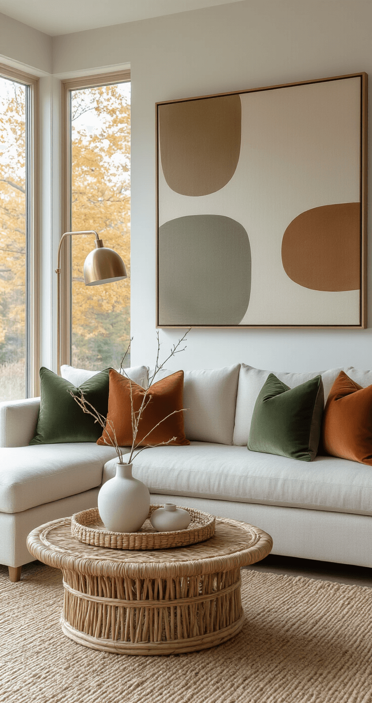 A contemporary living room corner with a light oatmeal modular sofa adorned with moss green velvet and rust-toned bouclé throw pillows, a large earth-toned abstract art piece above, a round rattan coffee table with a white ceramic vase holding dried branches, a brushed brass floor lamp, and a natural jute rug, all illuminated by warm ambient light and framed by large windows showcasing autumn trees.