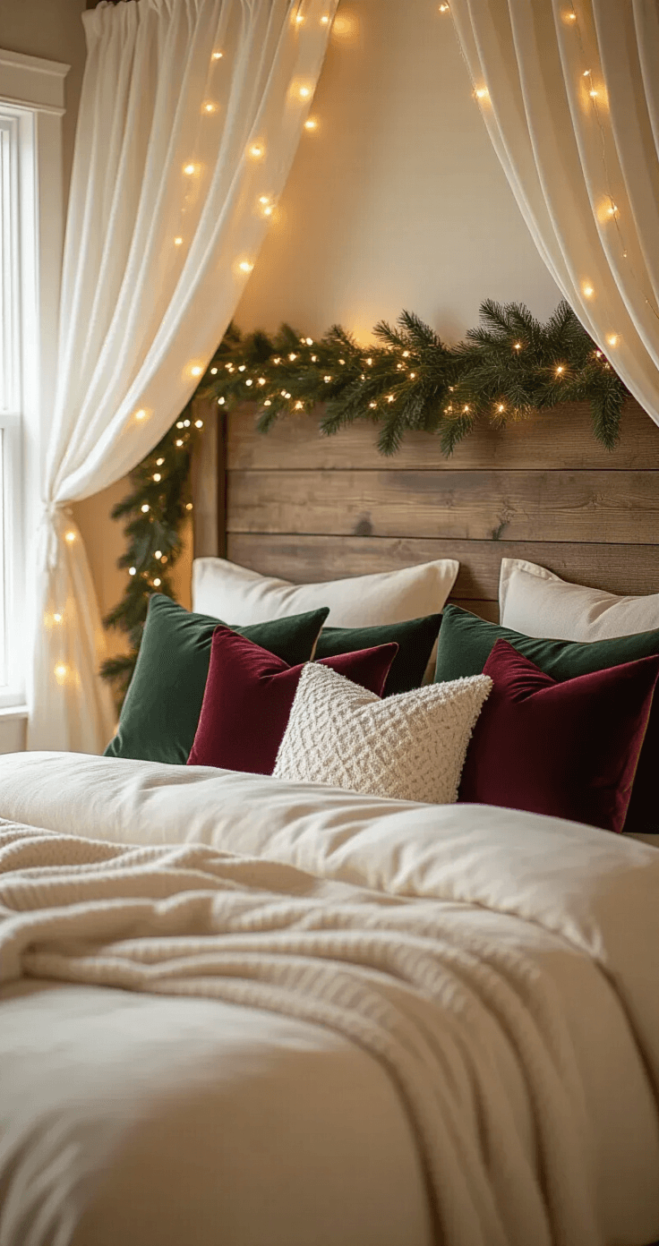 A warm and inviting Christmas bedroom featuring a rustic wooden headboard adorned with fairy lights and sheer ivory curtains, bathed in golden-hour sunlight. The room displays plush flannel bedding in forest green and cream, with a faux evergreen garland and twinkle lights on the headboard, and velvet throw pillows in burgundy and gold, all captured in soft focus for a cozy atmosphere.