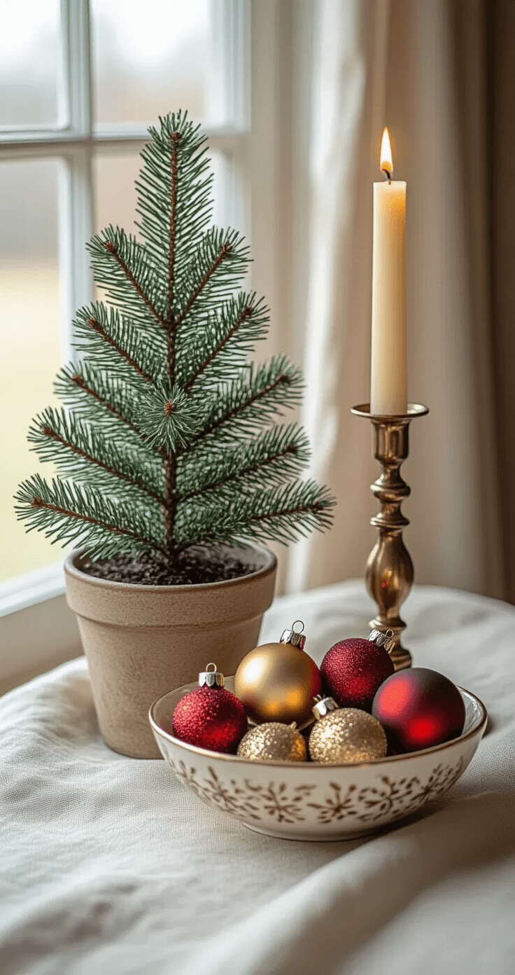 Intimate close-up of a Christmas-themed nightstand vignette, featuring a small Norfolk pine tree, a vintage brass candlestick with a taper candle, and a decorative ceramic bowl filled with muted gold and deep red vintage glass ornaments, all softly lit by morning light, with a natural linen tablecloth backdrop.