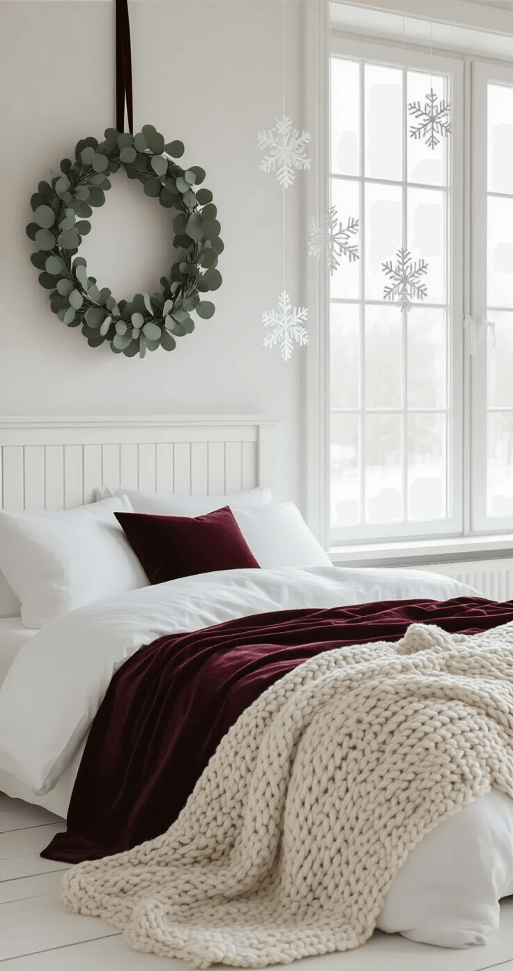Minimalist Scandinavian-style bedroom featuring a eucalyptus wreath with burgundy ribbon above a white wooden headboard, topped with white linen bedding and a cream chunky knit throw. Paper snowflakes hang from the ceiling, with large windows providing soft daylight, all in a serene, neutral color palette.