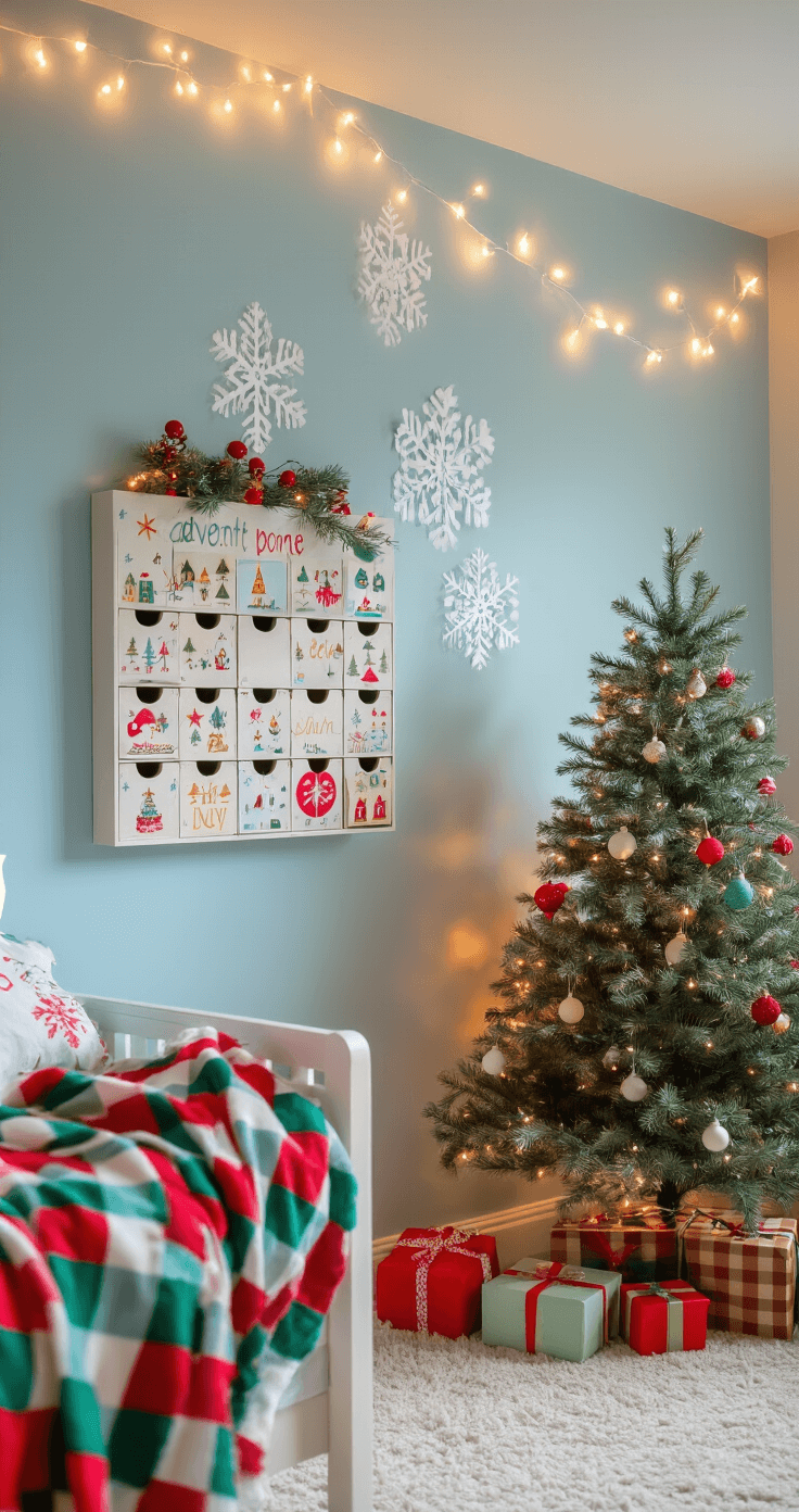 Cozy children's bedroom decorated for Christmas with an interactive advent calendar on a pale blue wall, small pre-lit tree with kid-friendly ornaments, whimsical string lights, plush red and green throw, and handmade paper snowflakes, all bathed in warm, inviting light.