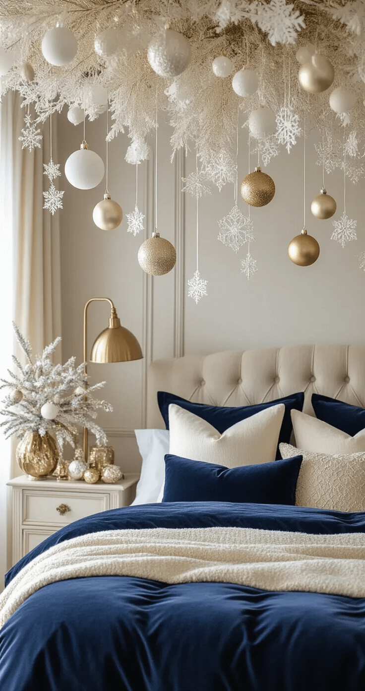 Luxurious master bedroom decorated for Christmas with a deep navy velvet duvet, cream and gold throw pillows, and suspended white ornaments and paper snowflakes. An antique brass floor lamp casts a warm glow over a dresser adorned with a glass vase of vintage gold and silver ornaments, creating a dreamy atmosphere.