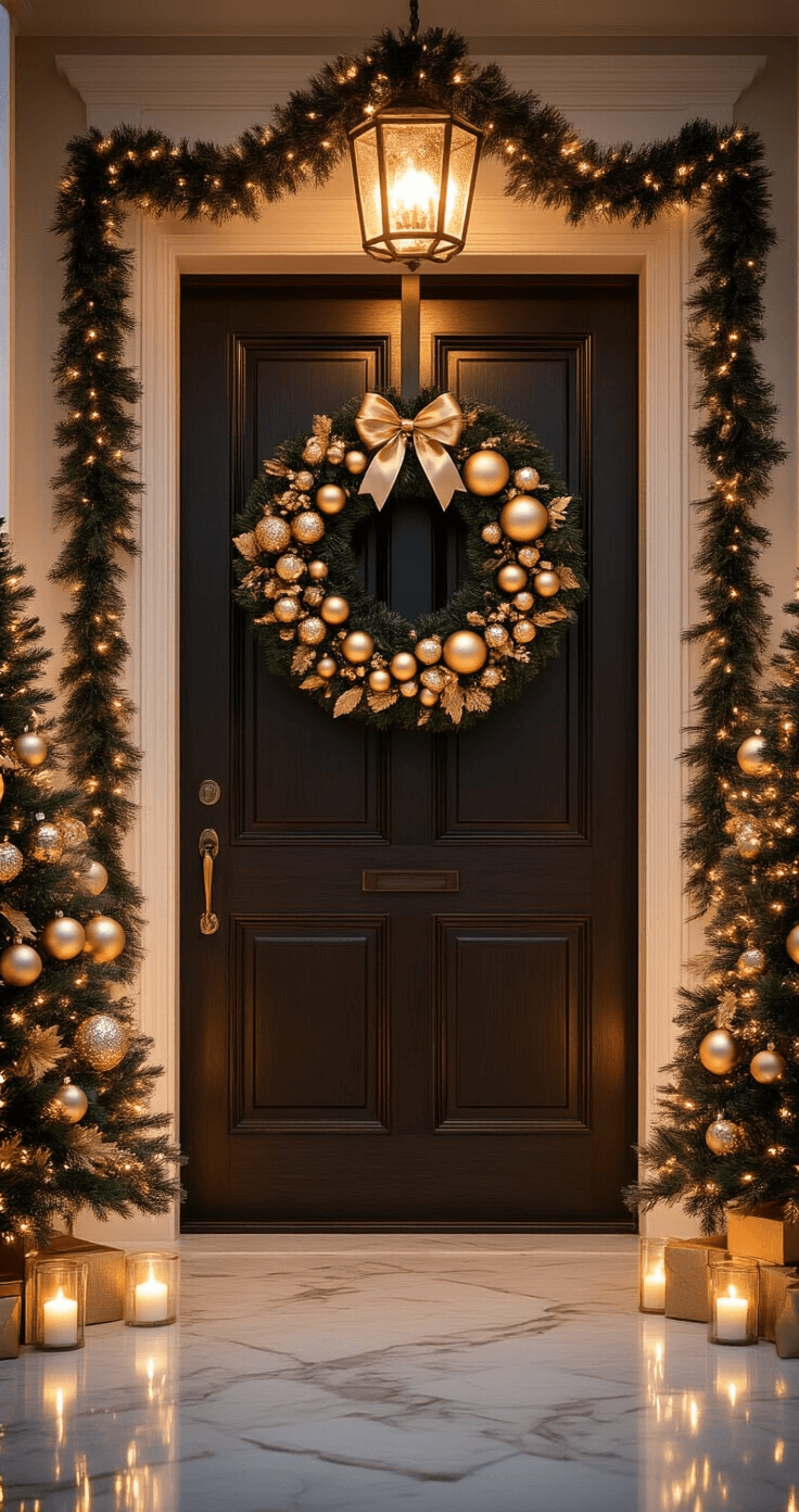 Elegant holiday entryway with a dark wooden door, flanked by two pre-lit mini Christmas trees, featuring a deep forest green wreath with champagne gold ornaments, and a luxurious gold and white garland around the doorframe, all illuminated by warm golden light and reflected on polished marble flooring.