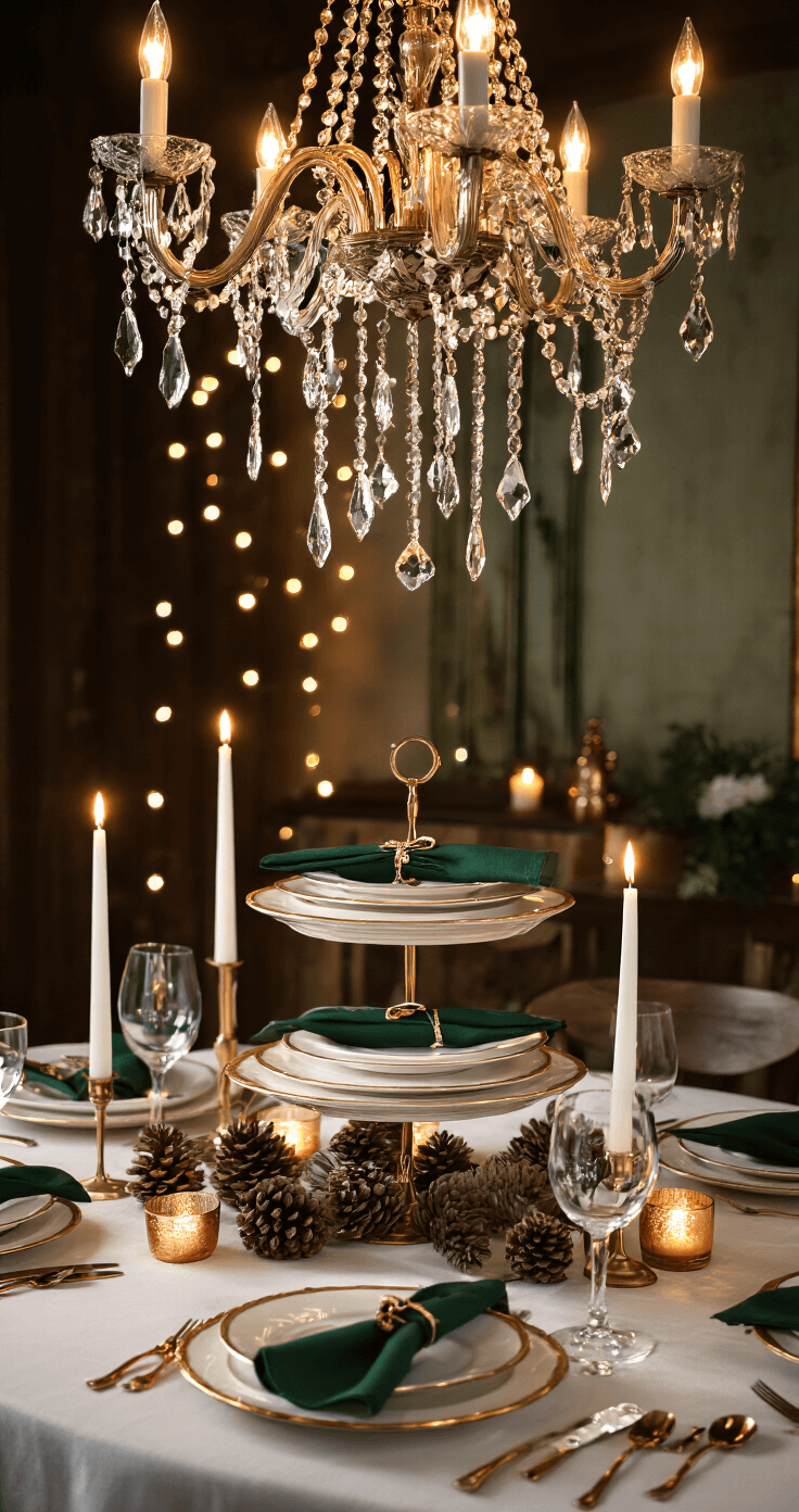 Intimate dining room scene featuring a suspended chandelier, warm candlelight casting dramatic shadows, a three-tier table setting with crisp white linen and gold charger plates, forest green napkins in gold-trimmed rings, tall taper candles, scattered pinecones, and copper accents, all enhanced by soft ambient lighting from string lights.