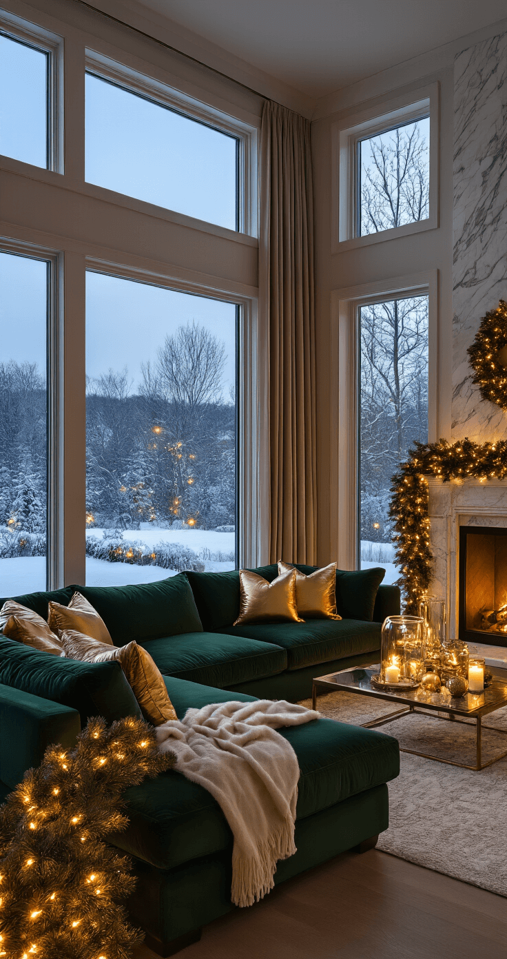 A luxurious Christmas living room featuring a deep forest green velvet sectional sofa adorned with gold metallic throw pillows, warm string lights in evergreen garlands, oversized glass hurricane vases filled with ornaments, a crackling marble fireplace, and a snowy twilight landscape visible through floor-to-ceiling windows.