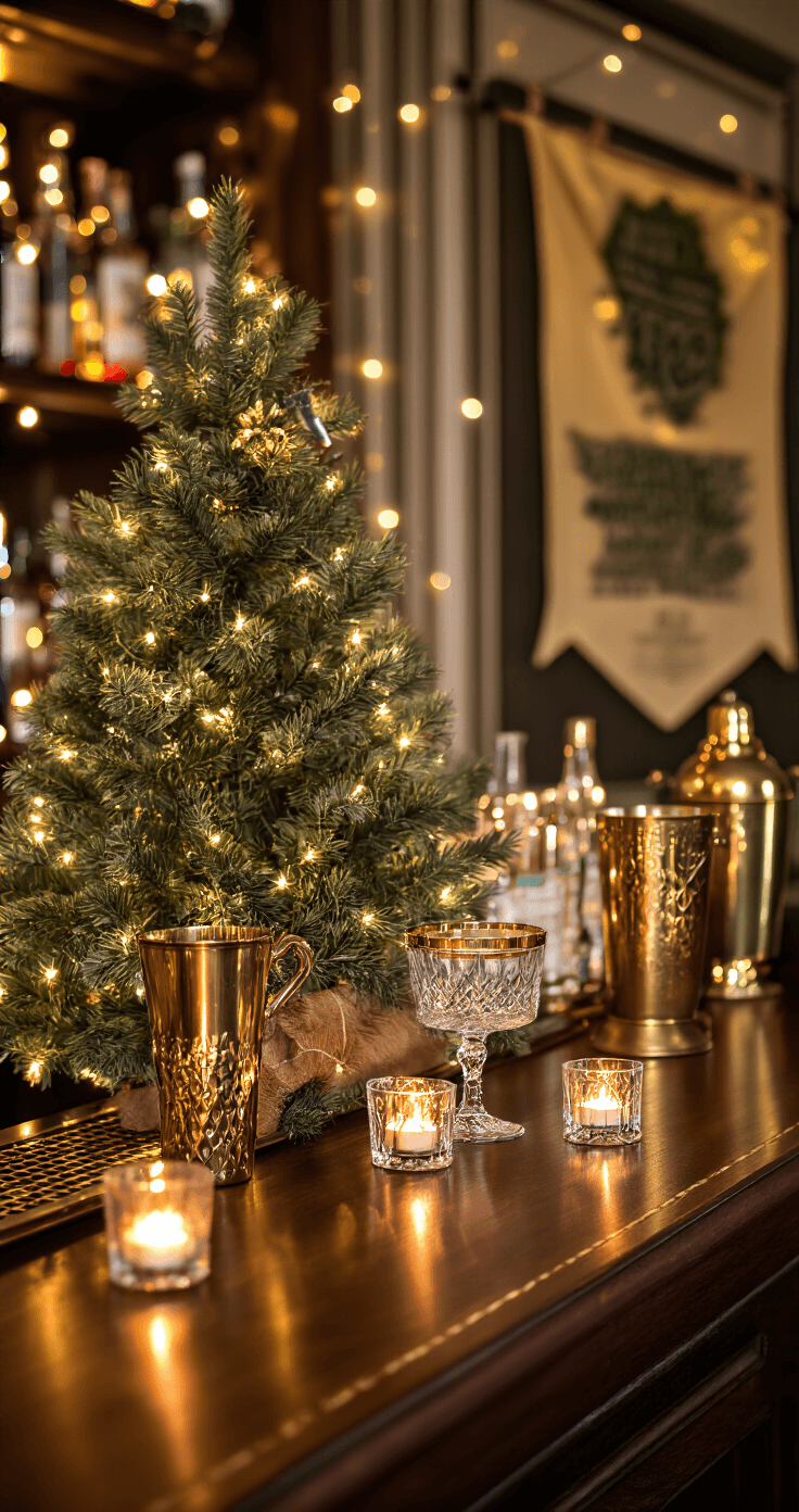 A sophisticated holiday bar area featuring a miniature pre-lit Christmas tree, vintage brass cocktail accessories, and crystal glassware with subtle gold rims, all illuminated by warm gold projection lighting and battery-operated tea lights, with a dark walnut bar surface and a festive banner in elegant typography.