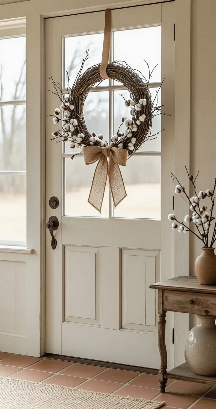 A modern farmhouse entryway featuring a rustic grapevine wreath with a burlap ribbon, white berries, and dried cotton stems on a weathered white door. Soft winter light filters through frosted windows, casting gentle shadows on warm terra cotta floor tiles and highlighting an antique brass door handle and a vintage side table with a ceramic vase. The scene showcases a muted color palette of creams, soft greens, and warm browns, emphasizing natural textures and subtle winter elegance.