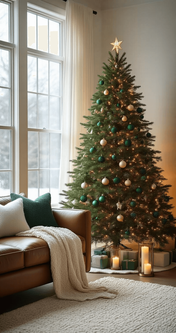 Ultra-detailed living room featuring a majestic 7-foot noble fir Christmas tree adorned with emerald green and gold ornaments, softly lit by warm white fairy lights. Early evening light filters through sheer ivory curtains, casting gentle shadows on a cream and sage hand-knotted wool area rug. A chunky cable knit throw drapes over a mid-century modern leather sofa, accompanied by brass candle holders with glowing pillar candles, all captured in a cinematic soft focus.