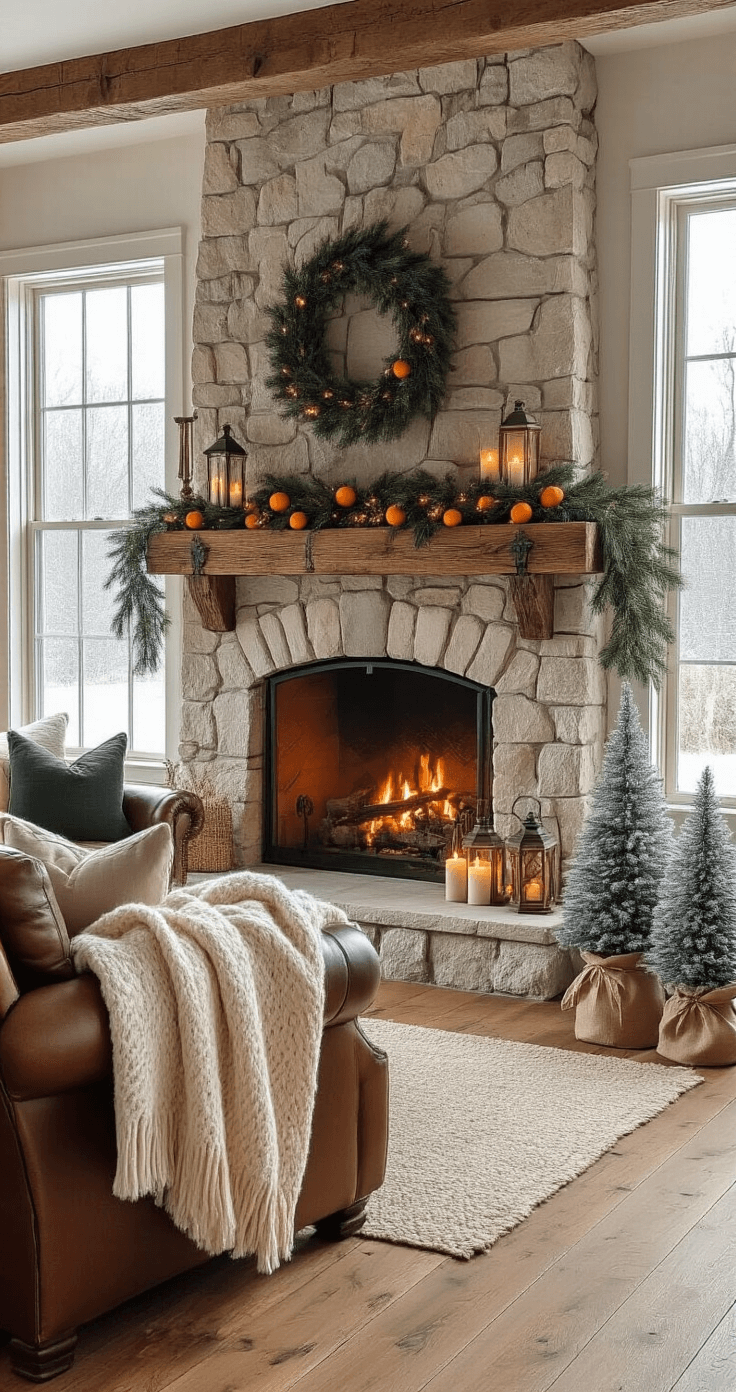 Rustic farmhouse living room with natural pine wood floor, large stone fireplace adorned with reclaimed wood mantel and fresh pine garland, cozy leather armchair with oversized wool blanket, festive decorations, and soft candlelight, all captured in warm amber tones with gentle snowfall visible through large windows.