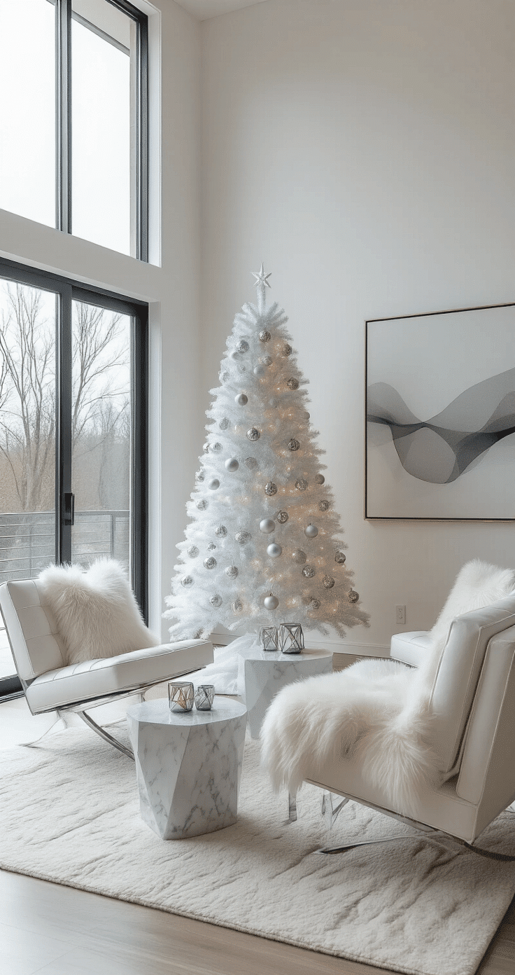 A modern minimalist living room featuring floor-to-ceiling windows, white walls, and a 6-foot flocked artificial tree with silver and frosted glass ornaments. Scandinavian furniture with clean lines, draped sheepskin throws, geometric metallic ornaments, subtle blue-white LED lighting, marble side tables with silver candle holders, and a large monochromatic abstract art piece. Captured from a high architectural angle emphasizing negative space and geometric precision.