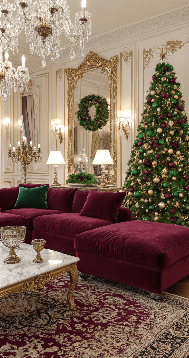Elegant living room in jewel tones featuring a deep burgundy velvet sectional, ornate gold-framed mirrors, and a grand Christmas tree adorned with emerald green, burgundy, and gold ornaments. Rich brocade throw pillows and crystal-brass candelabras are accentuated on marble-topped side tables, surrounded by an intricate Persian rug. Soft ambient lighting from multiple crystal chandeliers enhances the baroque-inspired styling, showcased in a dramatic diagonal camera view.
