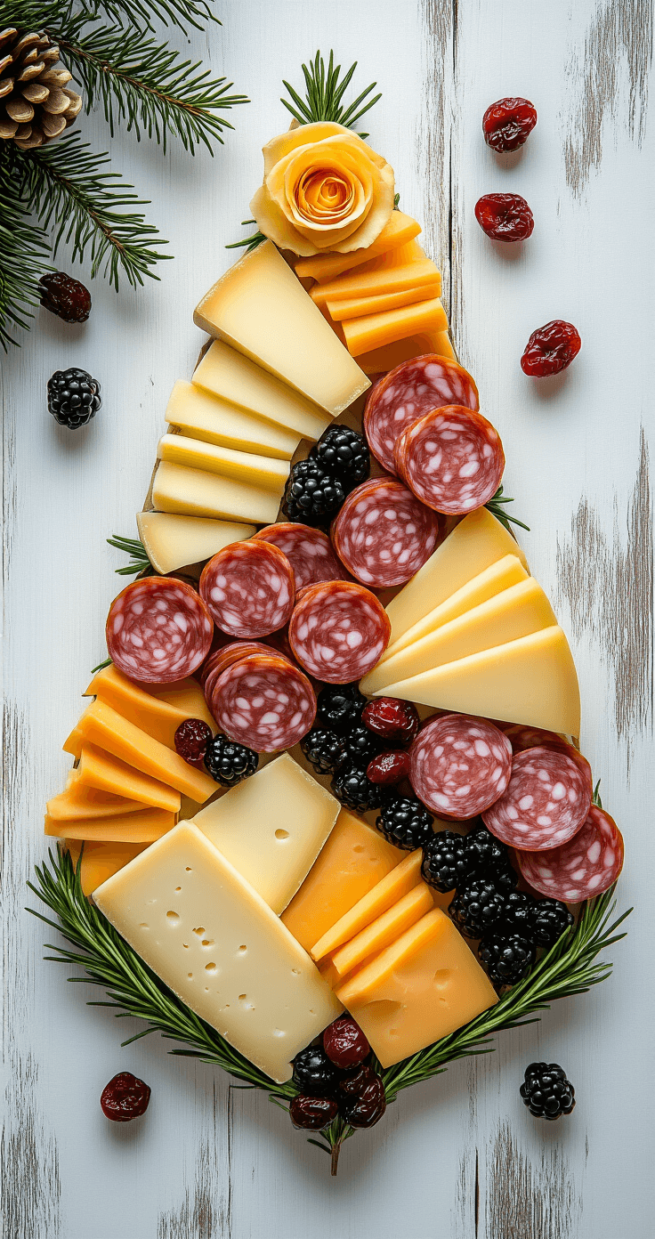 A close-up view of a Christmas tree charcuterie board featuring layers of cheeses, salami rosettes, fresh rosemary, blackberries, and dried cranberries, set against a white wooden background with soft, diffused lighting.