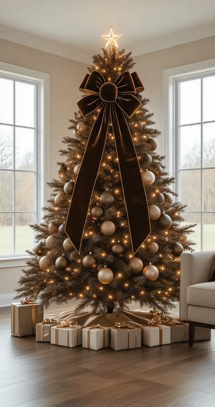 Ultra-detailed photorealistic image of a modern living room featuring a 7-foot chocolate brown themed Christmas tree adorned with oversized velvet bows and a variety of textured ornaments, warmly illuminated by soft LED lights, with hardwood floors and minimal furniture, capturing a luxurious and inviting atmosphere.