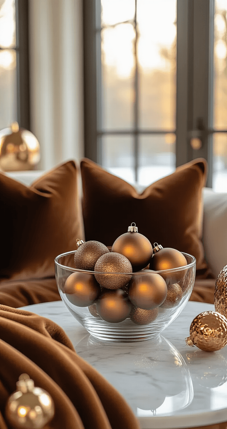 Intimate holiday scene featuring brown ornaments in a clear glass bowl on a marble side table, surrounded by rich chocolate velvet throw pillows, with warm golden hour light highlighting bronze and copper accents in a softly focused, sophisticated arrangement.