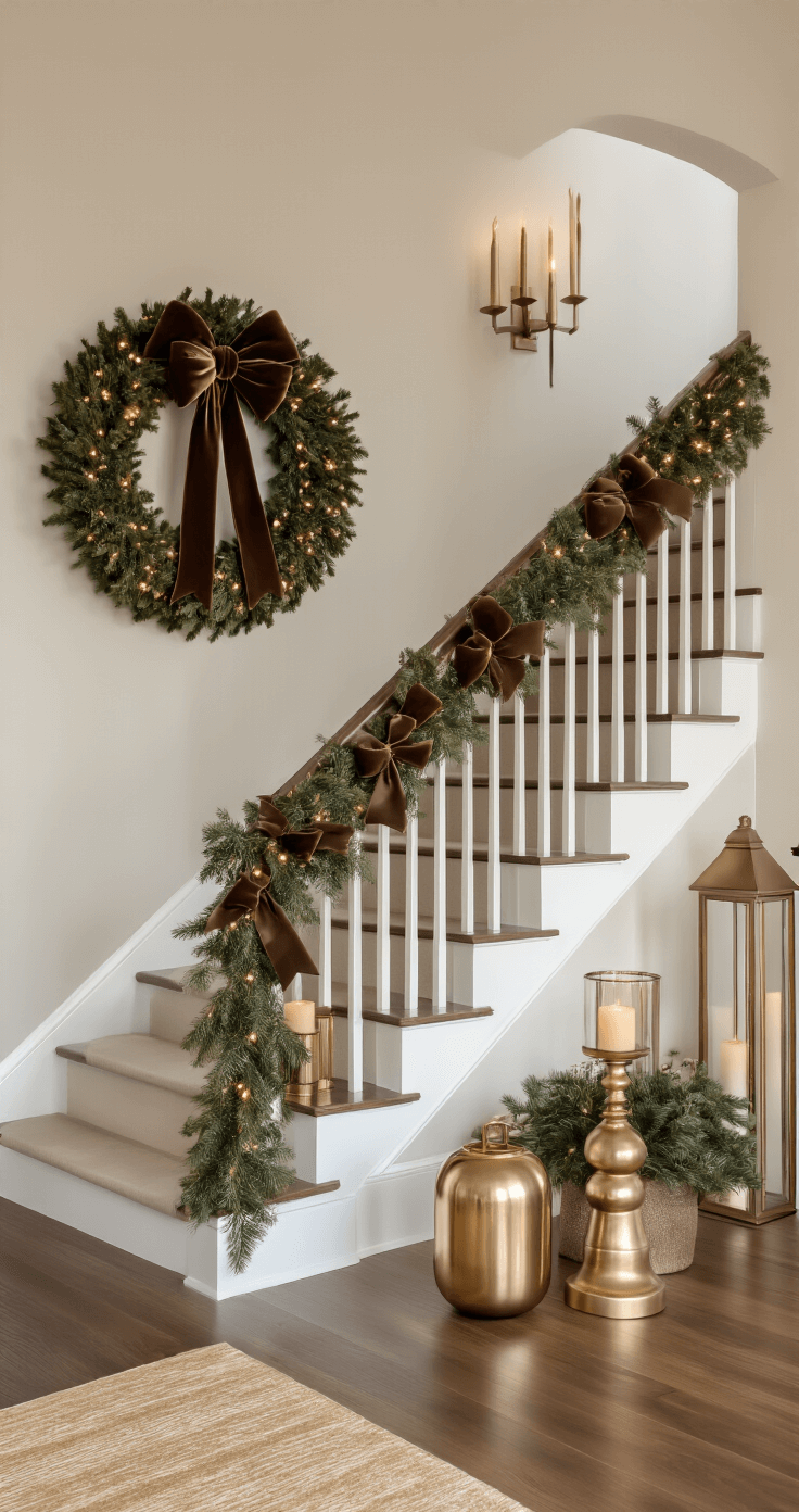 Sophisticated entryway decorated for Christmas with a large brown velvet bow wreath, garlanded stair railing, subtle gold runner on hardwood floor, and metallic gold candle holders, all illuminated by soft warm lighting.