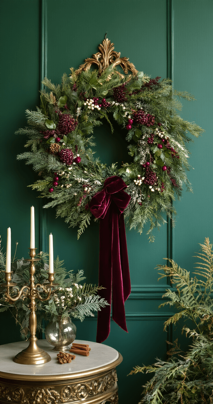 A luxurious botanical wreath rich with greenery, including noble fir, cedar, and juniper, adorned with burgundy rosehips and white snowberries, set against an emerald green wall, partially reflected in an ornate gold-framed mirror, with a plum velvet ribbon cascading and an antique brass candelabra nearby, illuminated by dramatic afternoon lighting.