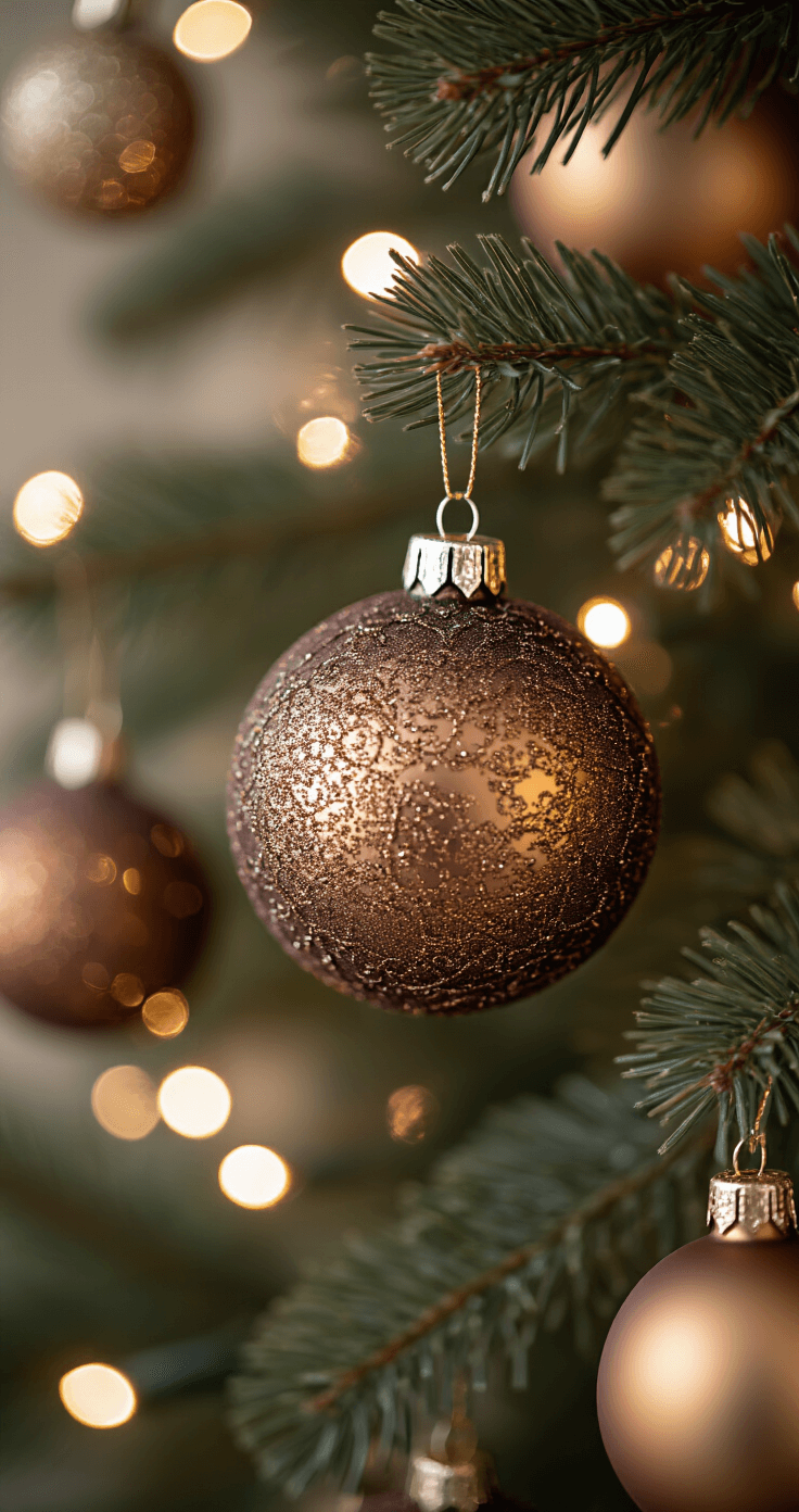 Dramatic close-up of clustered brown Christmas tree ornaments showcasing intricate textures of velvet, glass, and metallic finishes, illuminated by soft warm white lights, with a bokeh background suggesting a larger tree context.