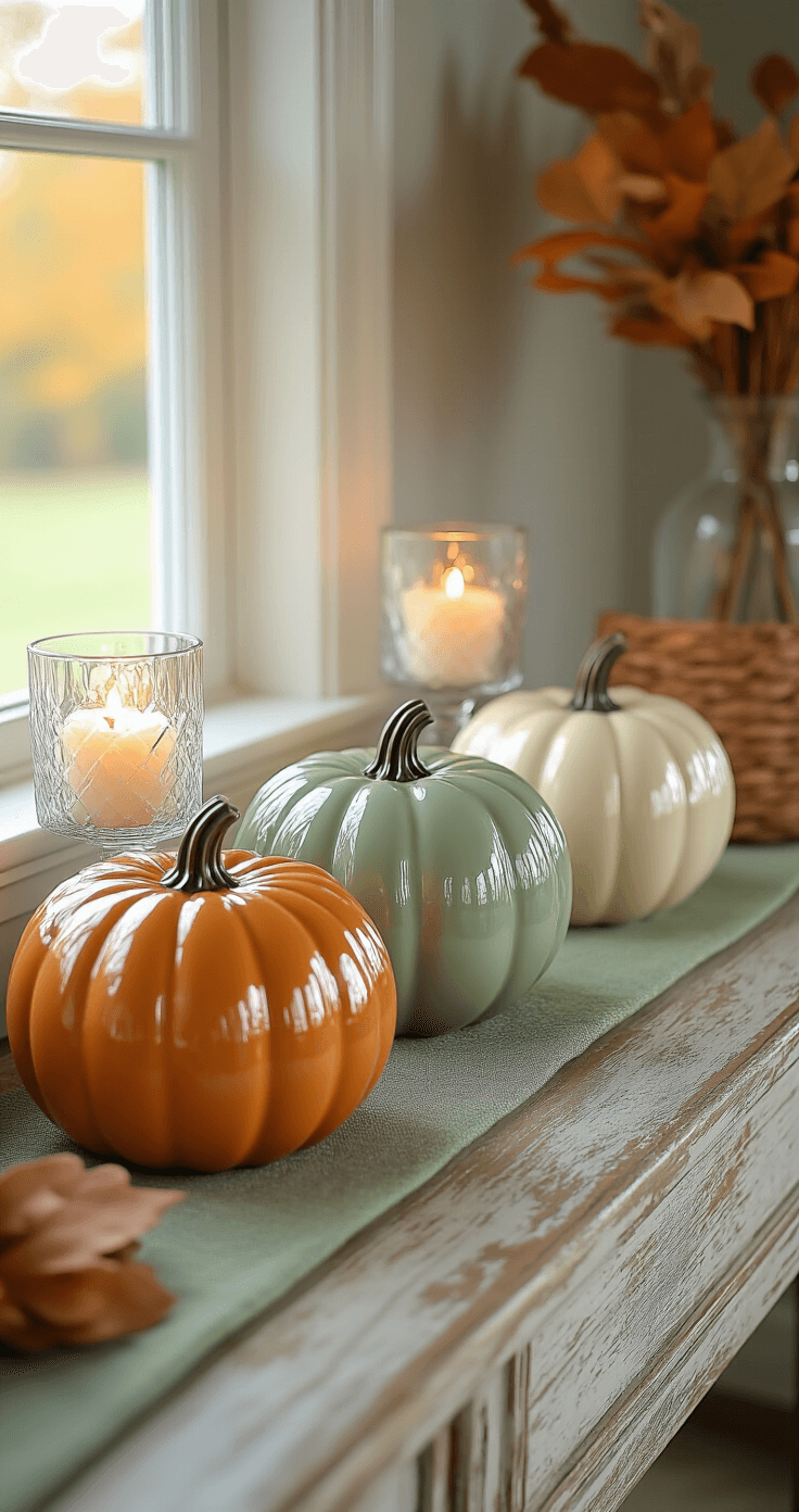 Elegantly styled entryway console with three embossed ceramic pumpkins in burnt orange, sage green, and cream on a distressed wooden surface, bathed in soft autumn afternoon light. Crystal-clear glass containers with LED candles are arranged asymmetrically, complemented by a sage green linen runner and copper-toned metallic ribbon, creating a warm and inviting atmosphere.