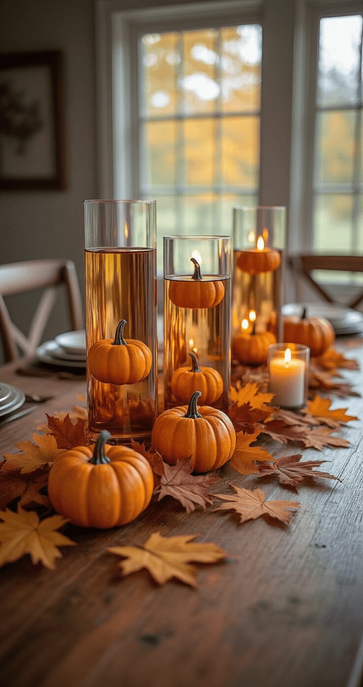 Luxurious fall dining room tablescape with a floating centerpiece of clear glass vases filled with amber water and small pumpkins, surrounded by scattered faux leaves in rust and mustard yellow, illuminated by soft candlelight on a vintage wooden table with copper accents.