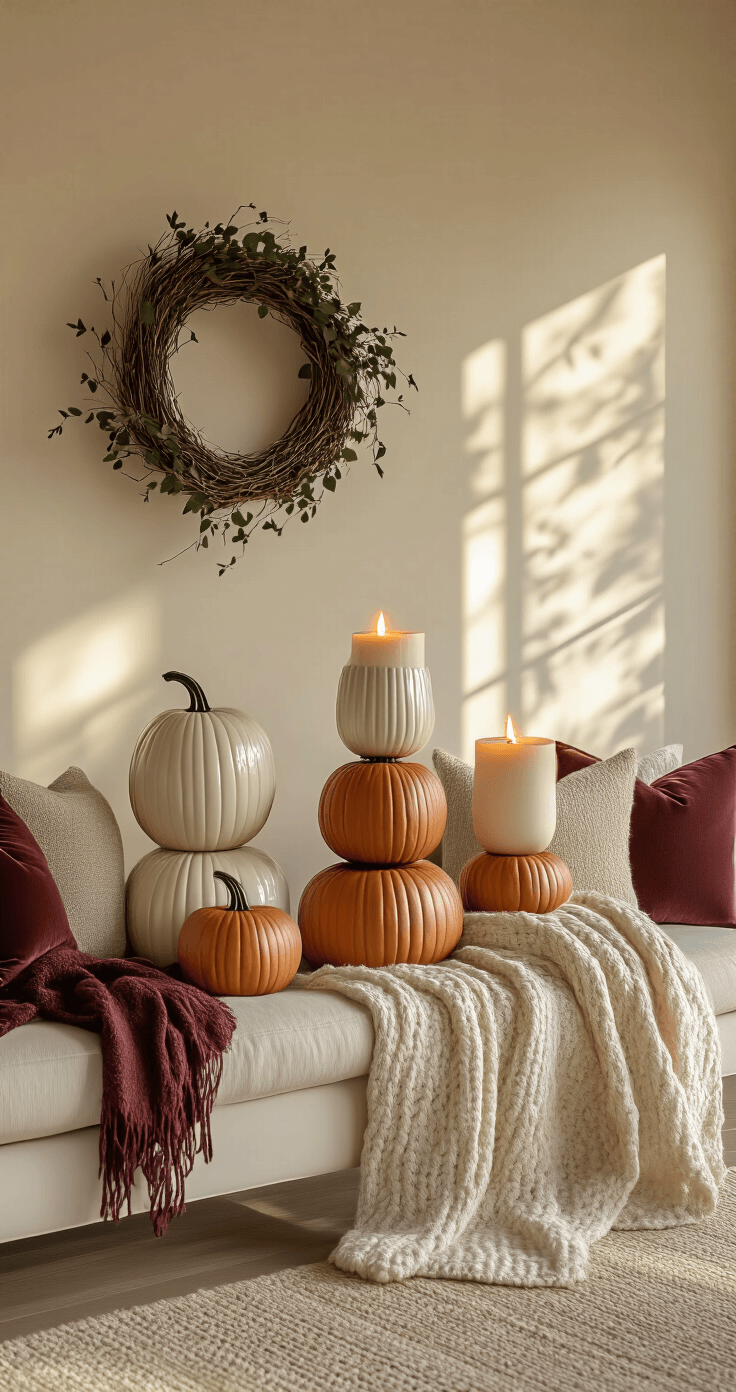 Sophisticated living room mantel styled with tiered ceramic pumpkins, LED pillow candles, and a grapevine wreath, against a warm ivory wall, illuminated by late afternoon golden hour light.