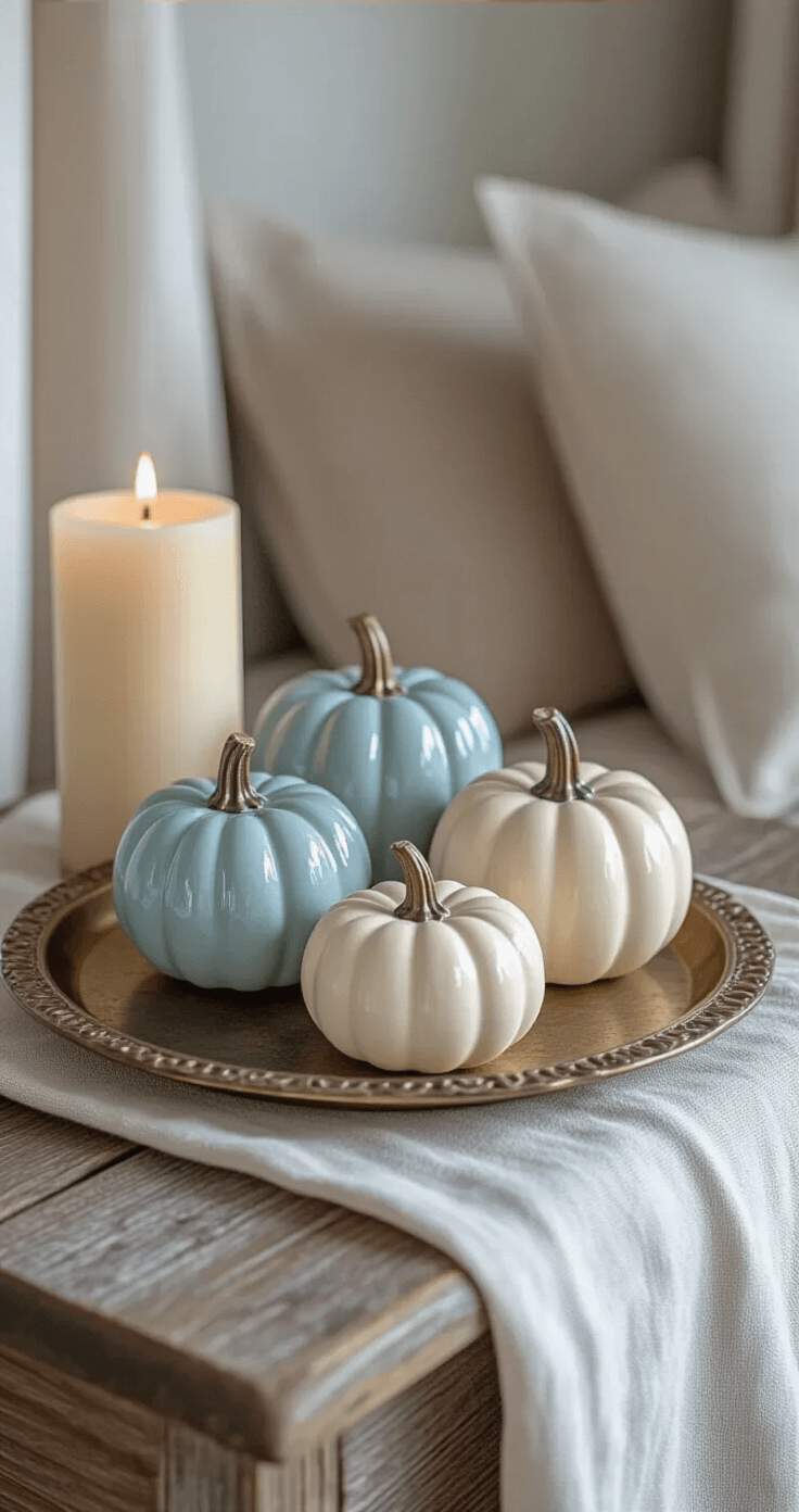 Intimate bedroom nightstand vignette with a dusty blue and cream ceramic pumpkin cluster on a vintage brass tray, soft linen runner, and an LED pillar candle, all illuminated by soft morning light filtering through sheer curtains, highlighting the details of the pumpkins and wooden textures.