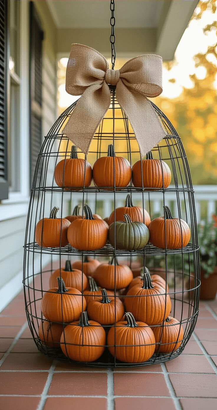 Welcoming front porch adorned with an upside-down wire tomato cage displaying small pumpkins in rust, olive, and warm brown, topped with a large burlap bow, set on terra cotta tiles under soft afternoon sunlight casting long shadows.