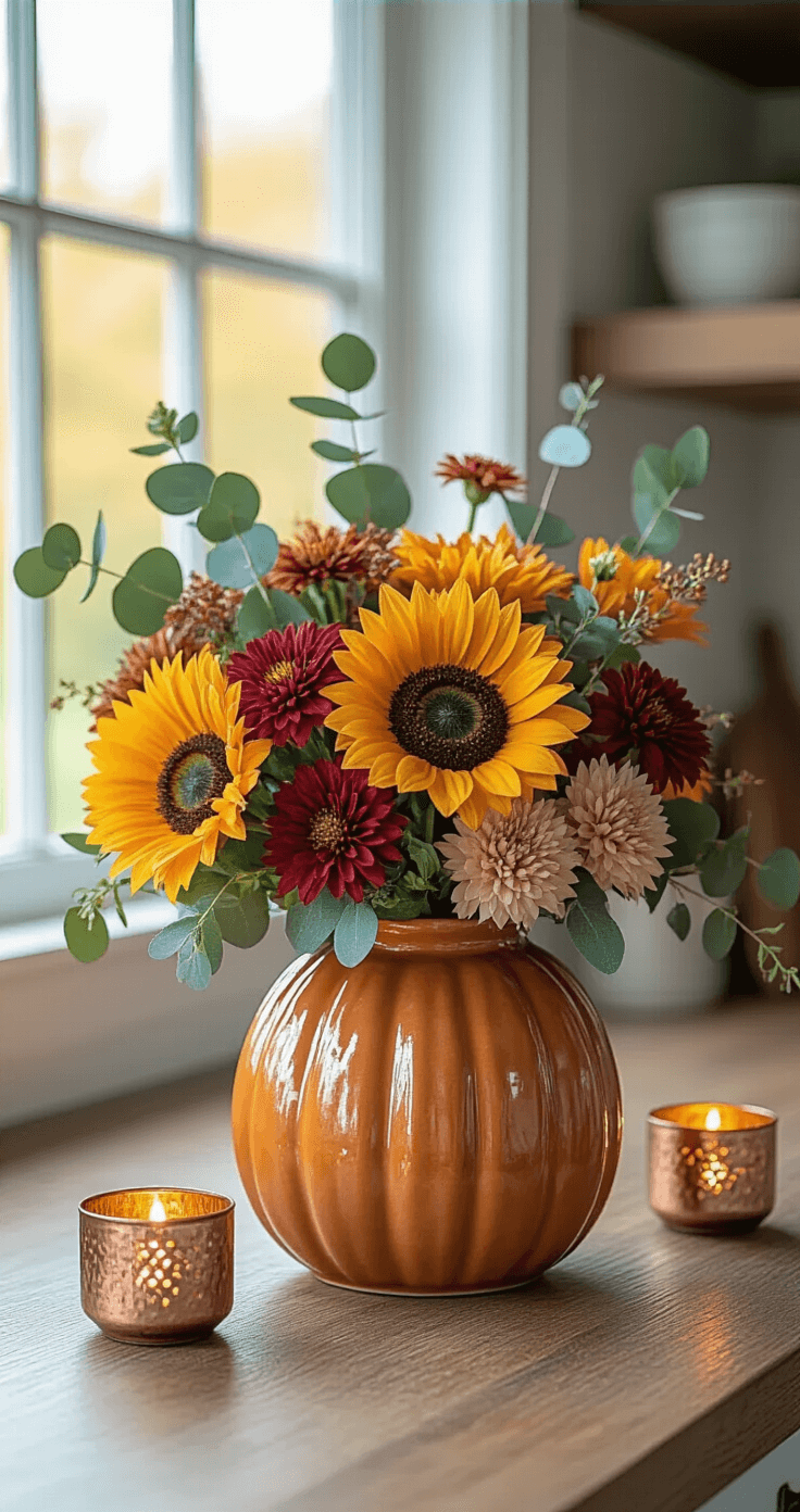 Rustic farmhouse-style kitchen counter featuring a curated fall floral arrangement in a ceramic pumpkin-shaped container, with faux sunflowers, mums, and eucalyptus creating depth and movement, complemented by copper accents and warm LED tea lights, illuminated by natural light from a nearby window, captured from a slightly angled overhead perspective.