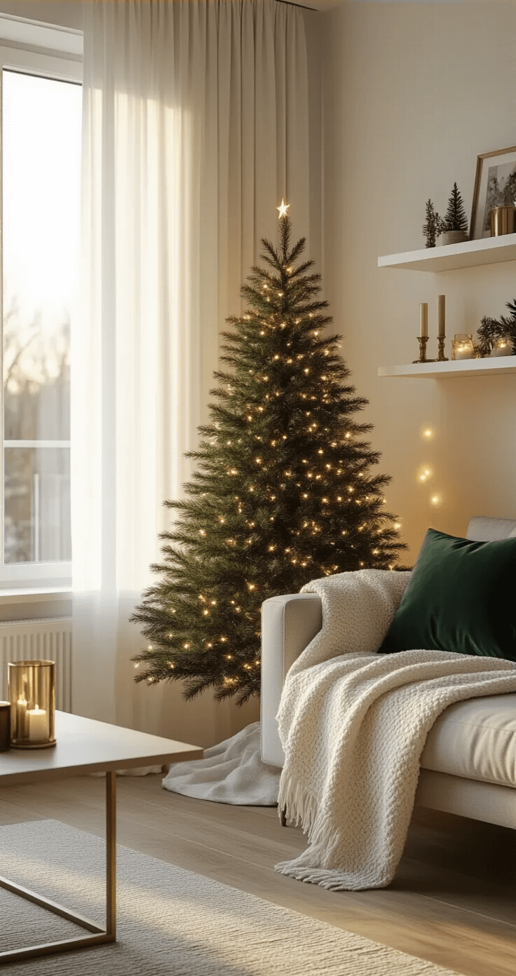A cozy, ultra-realistic small apartment living room featuring a slim pencil Christmas tree adorned with warm white fairy lights, modern Scandinavian furniture with a cream throw blanket and green velvet pillow, and golden hour sunlight streaming through sheer ivory curtains, evoking an intimate holiday atmosphere.