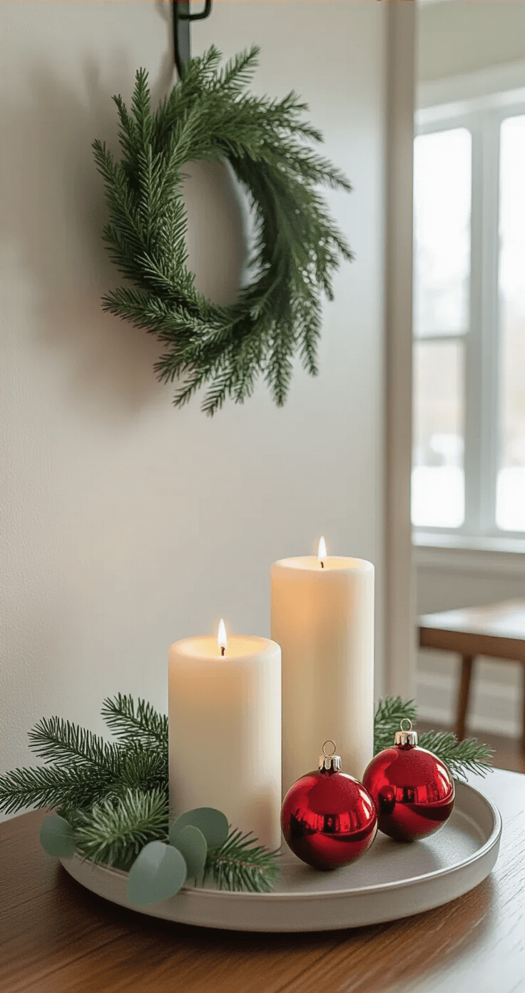 Cozy entryway vignette in a studio apartment featuring a decorative serving tray with three white pillar candles, fresh eucalyptus sprigs, and red glass ornaments, alongside a minimalist wreath on a command hook above a mid-century modern console table, illuminated by soft ambient light filtering through a window, all set on a textured hardwood floor.
