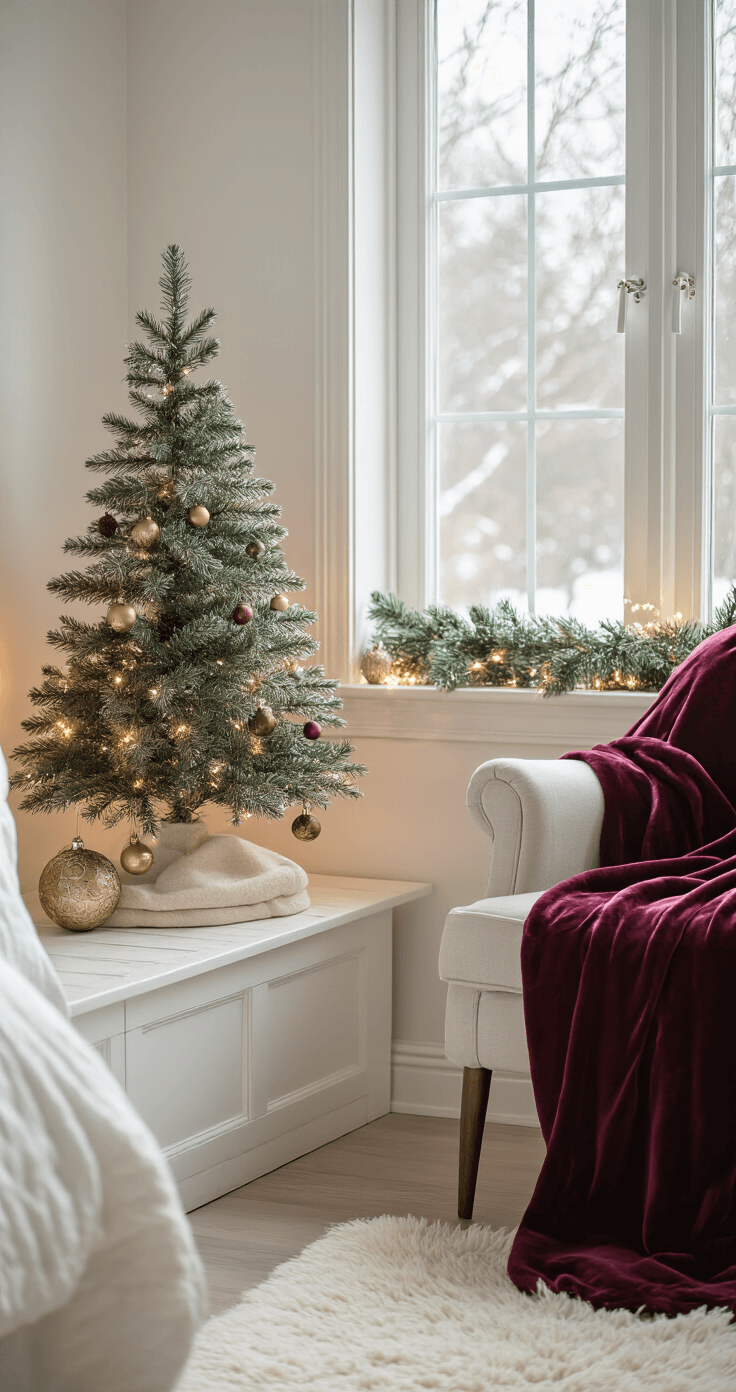 Intimate bedroom corner featuring a tabletop Christmas tree on a white wooden bench, a burgundy velvet throw draped over a reading chair, a window decorated with pine garland and fairy lights, vintage brass ornaments reflecting soft winter light, and a cream wool rug, all styled in a minimal Scandinavian aesthetic with warm, diffused evening lighting.