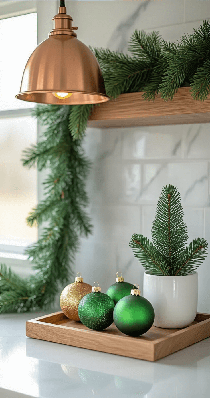 A compact kitchen counter featuring a holiday vignette with a faux greenery garland on a marble backsplash, three green and brass glass ornaments on a wooden tray, a small potted pine in a white ceramic vessel, and a warm copper pendant light, all styled with clean modern surfaces and natural daylight coming through a minimalist window.