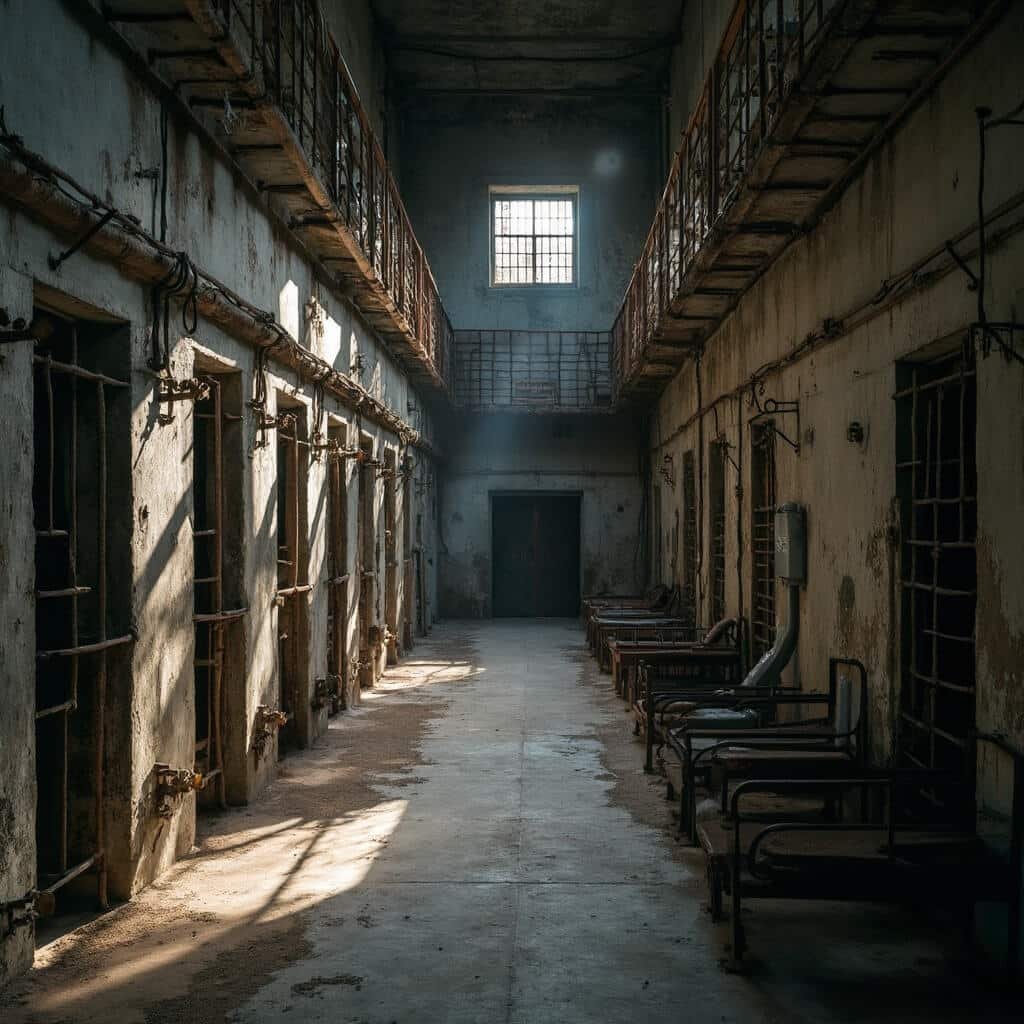 Interior of abandoned Alcatraz cell block with small concrete cells, rusted bars, worn gray walls, and empty metal bed frames and toilets under dim light