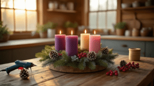 Handcrafted Advent wreath with four candles on a rustic wood table, adorned with pine branches, frosted pinecones, eucalyptus sprigs, and red berries, set in a cozy farmhouse kitchen with warm golden hour lighting.