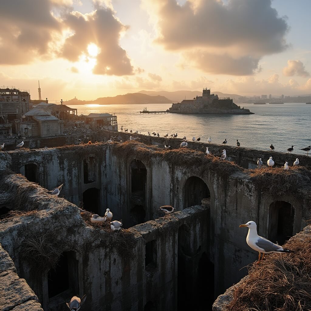 Seabirds nesting on Alcatraz Island ruins, with seagulls and cormorants on concrete walls, during sunset over San Francisco Bay