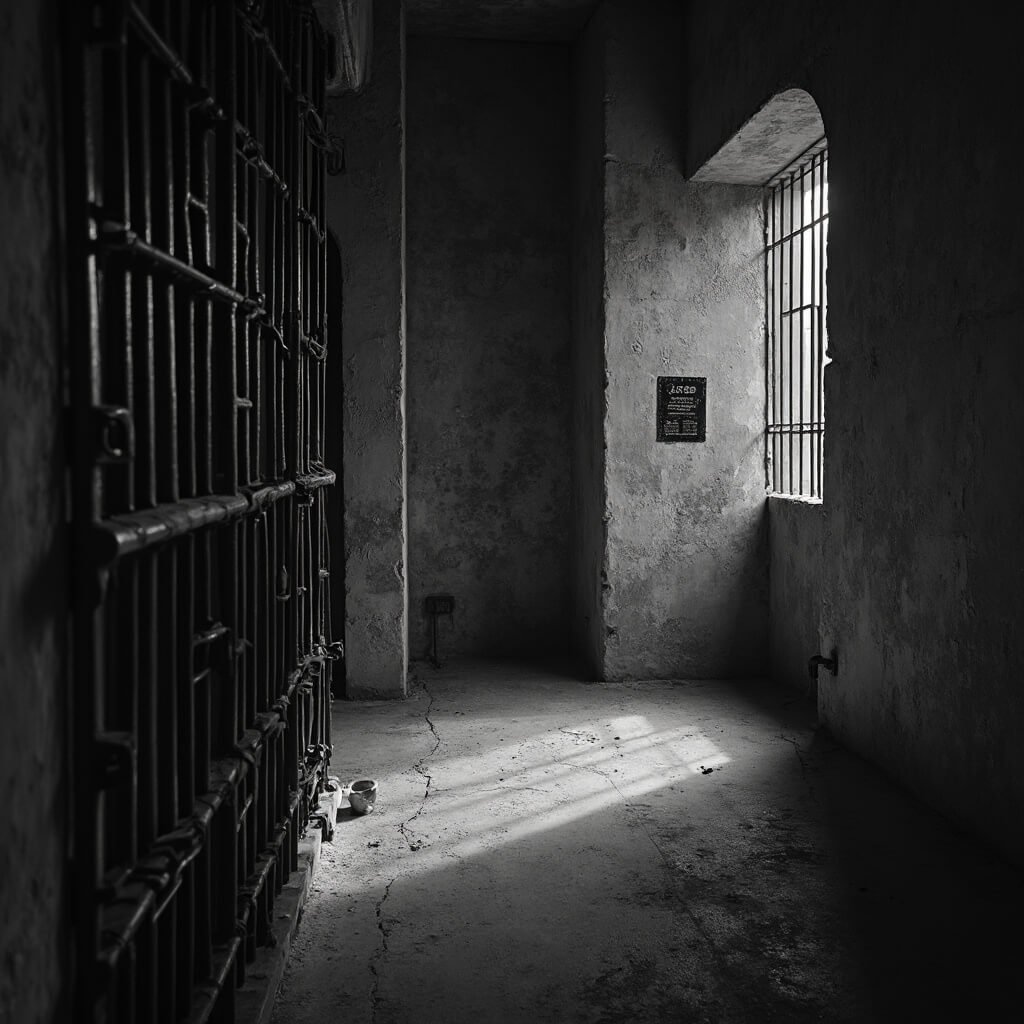Black and white image of an empty Alcatraz prison cell, showcasing weathered concrete walls, narrow steel bars, and long shadows cast by dim lighting, depicting isolation and confinement.