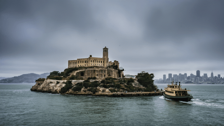 "Dramatic wide-angle shot of Alcatraz Island's federal penitentiary against gray skies, a vintage ferry boat approaching the dock, with San Francisco skyline in the foggy background, capturing the imposing character of America's most notorious prison."