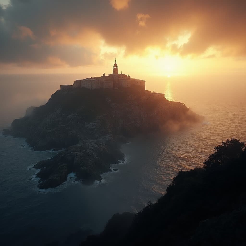 Aerial view of Alcatraz Island at sunset with rocky terrain, historic prison buildings silhouetted against golden light, and dramatic clouds over misty San Francisco Bay