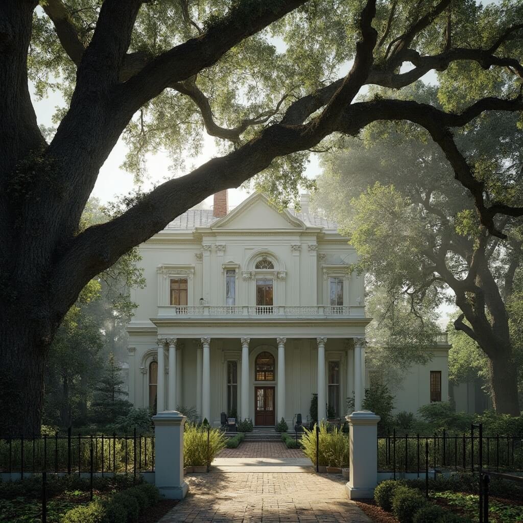 Photorealistic image of a grand antebellum mansion in New Orleans Garden District with towering white columns, ornate wrought-iron balconies under massive live oak trees with dappled shadows on a pale cream exterior under soft morning light.