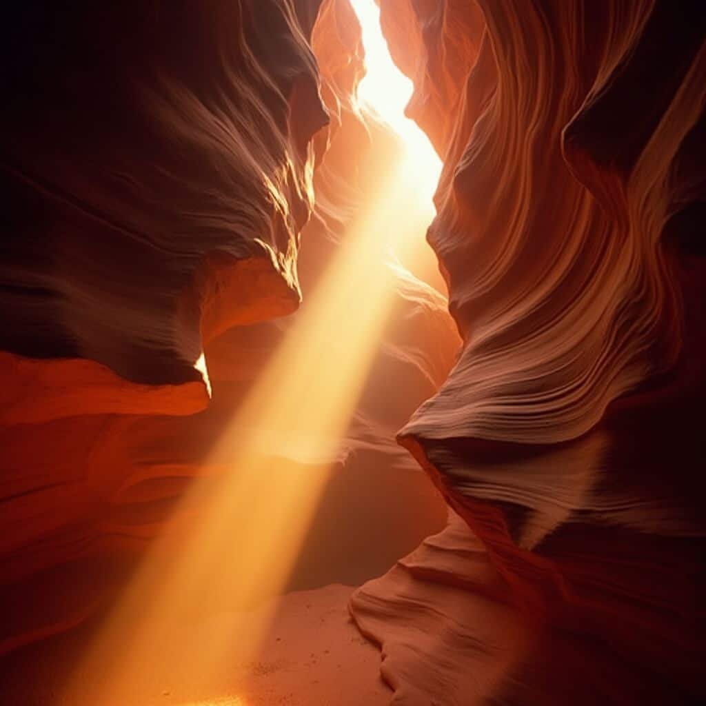 Hyper-realistic photo of Antelope Canyon's Upper Canyon with detailed textures, light beams, and luminous corridors generated by sunlight through stone apertures