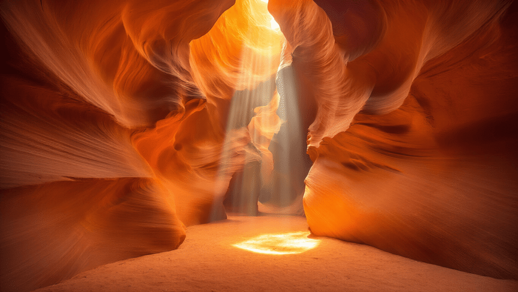 "Sunbeams streaming through Antelope Canyon's undulating sandstone walls in Arizona"